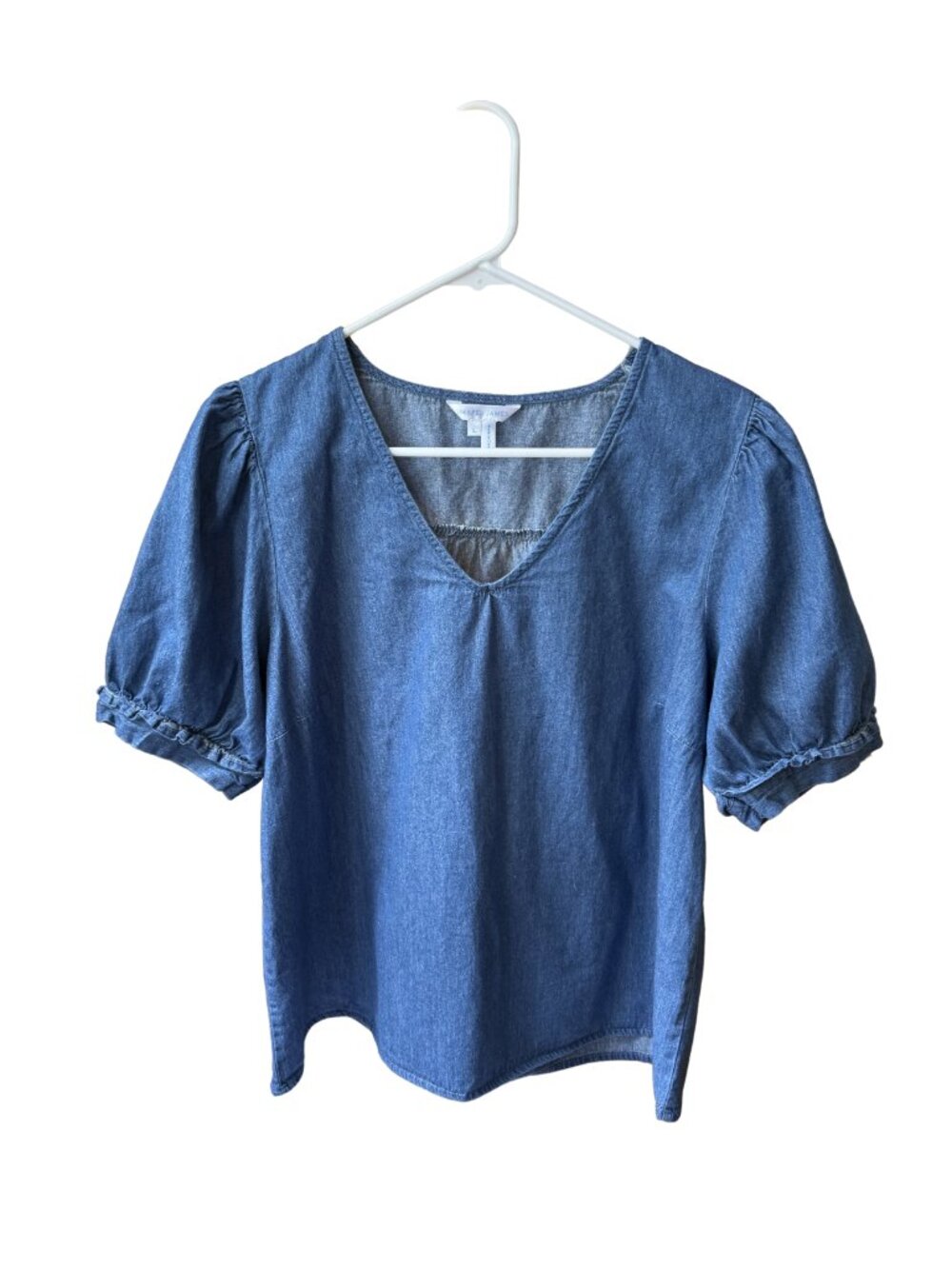 Draper James Denim‎ Jean Chambray Puff Sleeve V Neck Top Women's L